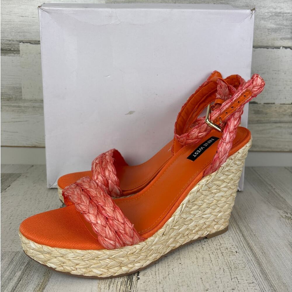 Nine West womens 10 orange espadrille woven Henri Round Toe Woven Wedge Sandals